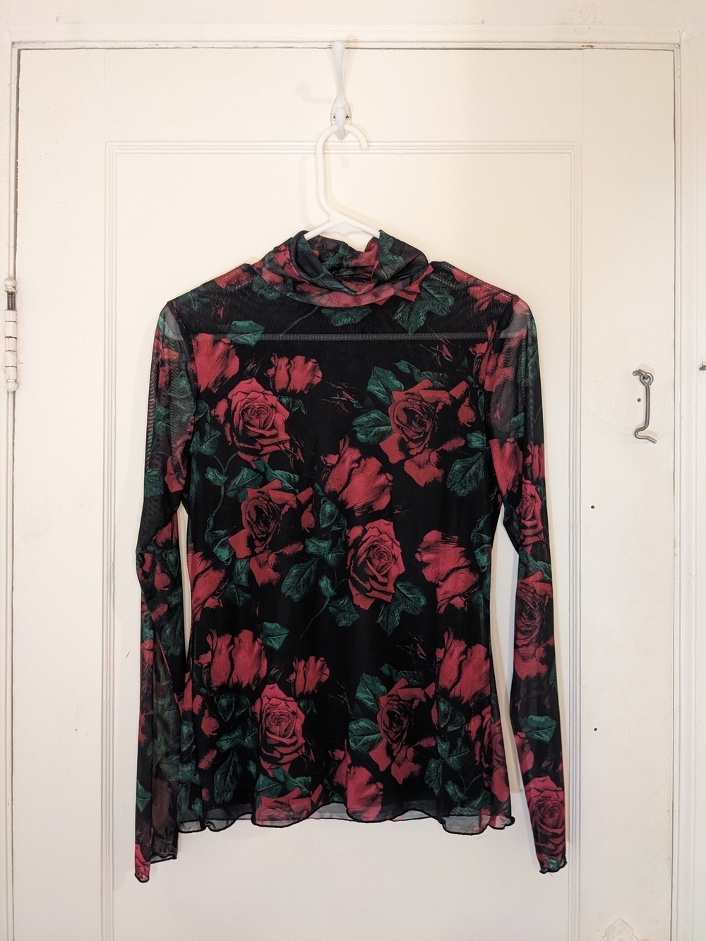 Floral Sheer Turtle Neck Long-Sleeve Top - Black with Red Roses